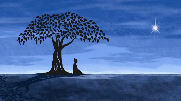 buddha under tree blue